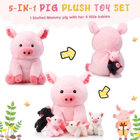 5 12 Inch Mommy 4 Silipull Pcs Pig Stuffed Animals, Large Plush Pig with Little Baby in Mother Belly, Gifts
