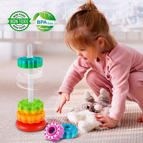 Baby Spinning Stacking Toys, Sensory Toys for Toddlers 1-3, Rainbow Ring Spin Montessori Toy for 6-12 Months