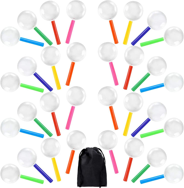 Elcoho 32 Pack Colorful Plastic Magnifying Glasses for Young People Party Favors Educational Toys with Storage Bag