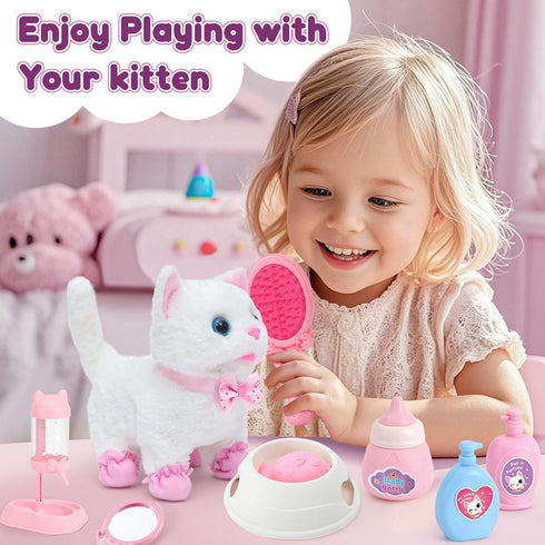 3 4 5 6 7 8 G.C Cat Toys for Kids Girls, Electronic Interactive Stuffed Cat Walk Meow and Wag Tail with Stroller Pet