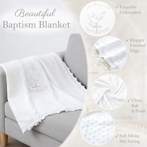 100% 39.4 39.4 Baptism Knit Baby Blanket with Minky Dot Lining, Cotton Christening Blanket x in, Embroidered Cross