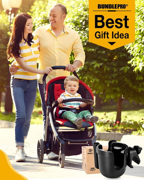 2-in-1 360 Universal Stroller Cup Holder with Mobile Phone Case, Strollers Storage Rack, Degrees Rotation Drink Holder