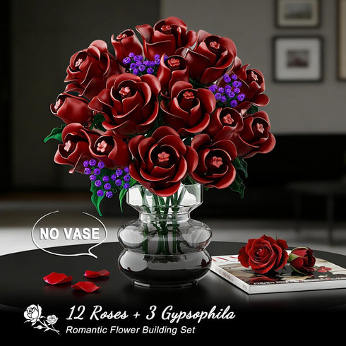 Set 15 330PCS HOGOKIDS Flowers Bouquet Building - Burgundy Roses Mother's Day Gfit for Mom, Deep Red Rose Botanical
