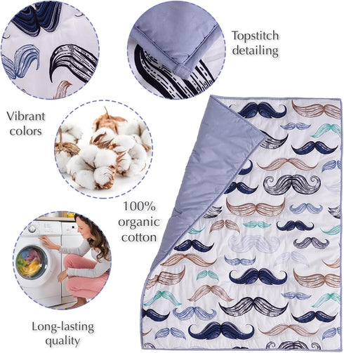 100% 4-Piece Set 2 Noisy Mouse - Boho Little Man Mustache, Premium, Organic Cotton Baby Boy Nursery Bedding Crib | Baby