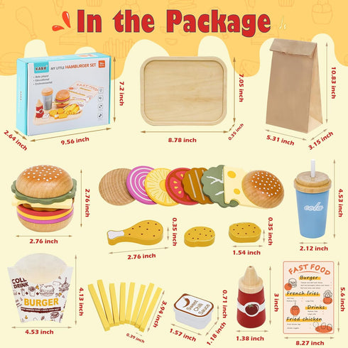 Set Set Wooden Play Fast Food Play Kitchen Accessories, Pretend Play Food Hamburger French Fries Toy, Restaurant Play