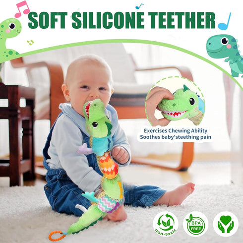TLQSM 0-6 Tummy 3-12 Baby Sensory Green Dinosaur Plush Musical Rattle Toy with Rustling Sounds for Infant Months, Time