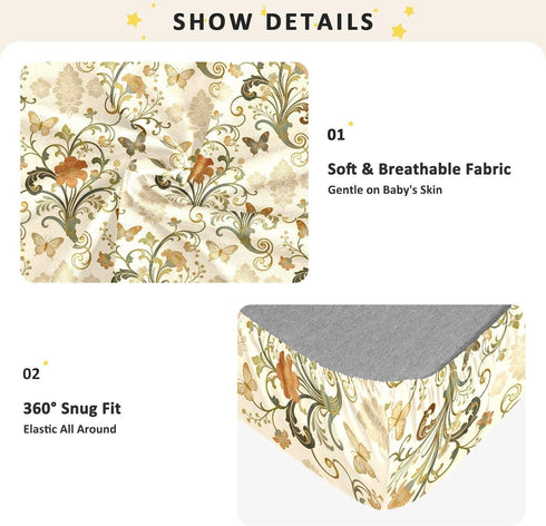 miaozhen 1 Pack 52x28 Cotton Baby Crib Sheets Ultra Soft Spring Retro Flower Butterflies Toddler Cirb Bedding Cover