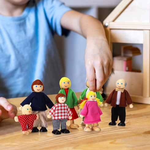 Wooden Dollhouse Family Set of 7, Mini Figures for Pretend Play, Classic Doll House Accessories for Kids & Toddlers