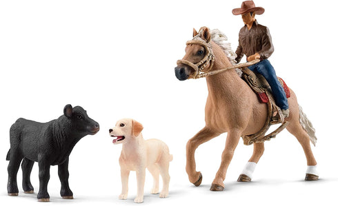 Schleich Farm World Rodeo Calf Adventure Playset, Cowboy Rider Figurine with Horse, Cow, and Dog, 6-Piece Set
