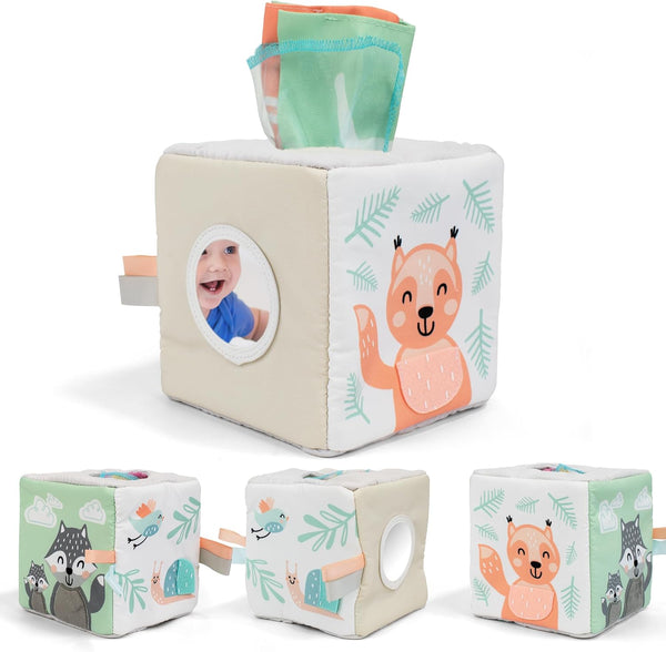 Fun Baby Tissue Box with Mirror, Soft Montessori Toy with Crinkle Paper & Fabric Tissues for Newborns 6-12+ Months