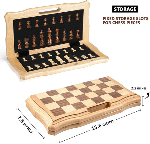 AMEROUS 15.6 inches Magnetic Wooden Chess Set, Handheld Style Board Game with Storage Slots and 2 Extra Queens