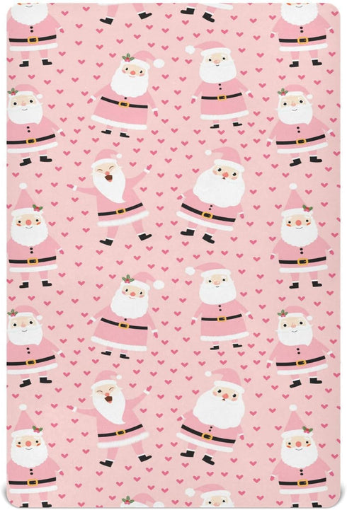 Mazeann Christmas Pink Santa Crib Sheets Soft Breathable Fitted Baby Crib Sheets Mattress