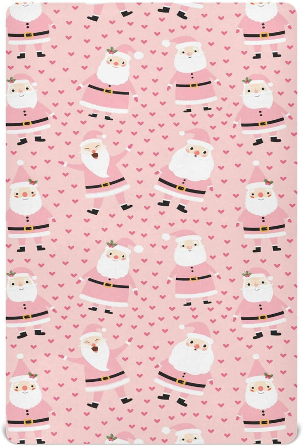 Mazeann Christmas Pink Santa Crib Sheets Soft Breathable Fitted Baby Crib Sheets Mattress