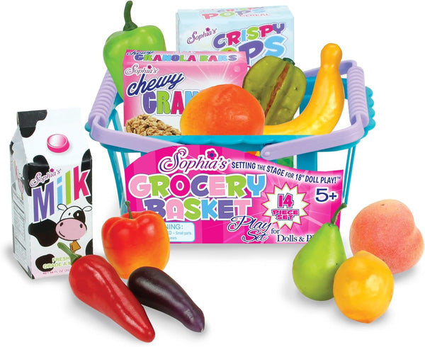Sophia's 14 Piece Grocery Basket, Produce and Food Set for 18'' Dolls,