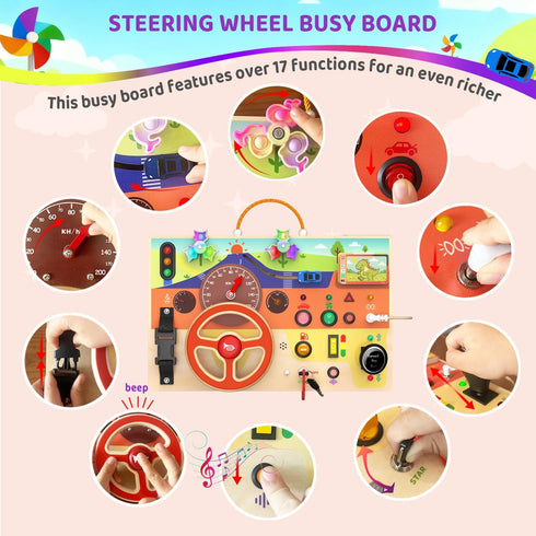 1-3, Montessori Wooden Busy Board with Steering Wheel & Driving Toys - Sensory Activity Boards for Toddlers Car Themed
