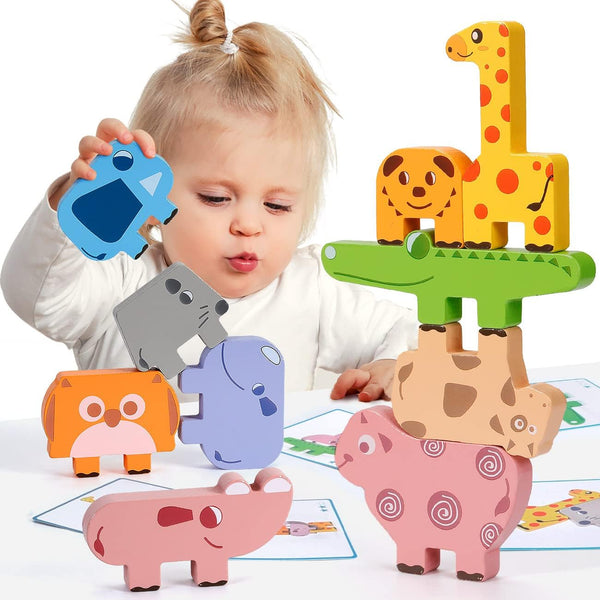 Montessori Toys for 2-4 Year Olds, 10pcs Wooden Animal Blocks Sorting & Stacking Educational Toys for Toddlers Gifts
