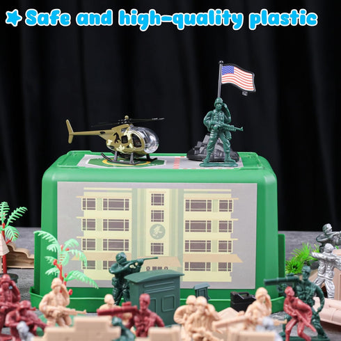 3 Otters 115PCS Military Soldier Set - Army Men Playset with Box, Jeep, Helicopter & Action Figures