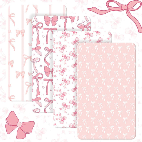 4 Pack Set 52'' 28" Peryiter Crib Sheets for Baby Pink Bow Soft Baby Bed Sheet x Nursery Crib Sheets for Standard Bed