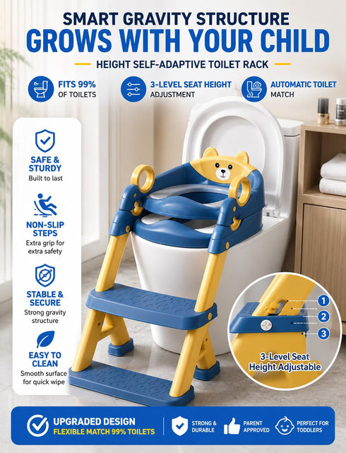 Gorocking Kids Potty Training Toilet Seat with Step Stool Ladder, Bear Design, Adjustable Height, Non-Slip Steps, Soft