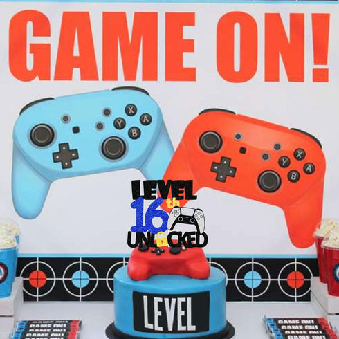 Game Level Up 16th Birthday Cake Topper, Black White Blue Video Game Night Party Decoration