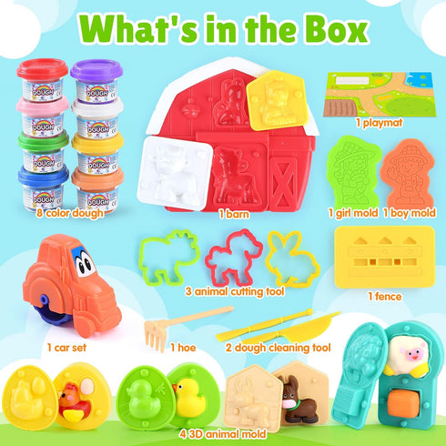 2-4-8, Playset Farm Animals Color Dough Toys for Kids Ages Big Red Barn Farm with Animal Figures Clay Dough Modeling