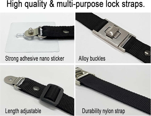 3 Pack Child Safety Strap Locks, Baby Proofing Heavy Duty Adjustable Length Latches with Rotating Release Buckle
