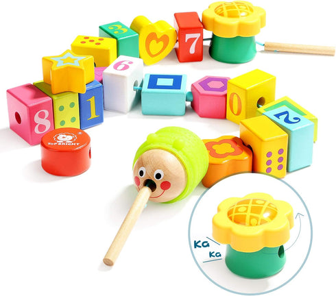 TOP BRIGHT Wooden Lacing Beads for Toddlers, Kids Fine Motor Skills Montessori Toys for 2 Year Old Birthday Gifts