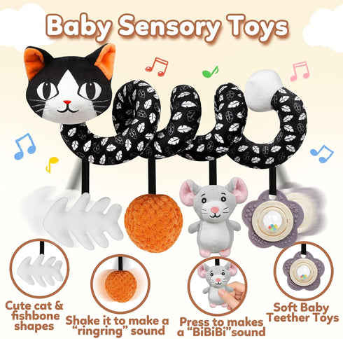 Black & White Spiral Rattle Toy for Babies - Cat Design