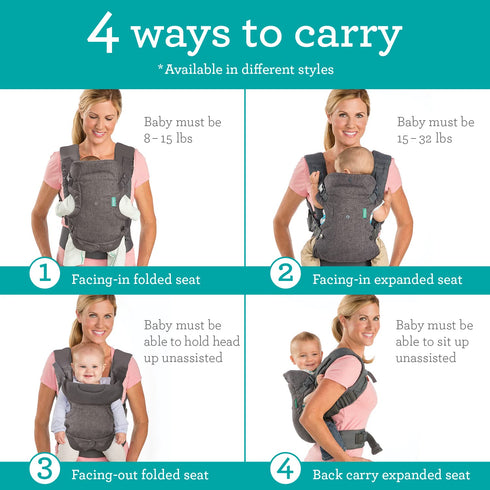 4-in-1 Infantino Flip Convertible Baby Carrier, Adjustable, Ergonomic Babywearing, Registry Essential, Baby Carrier
