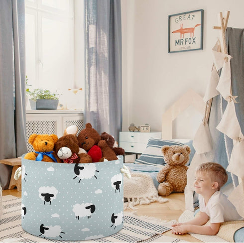 visesunny Cute White Sheep Animal Storage Bin, Collapsible Large Capacity Basket with Durable Cotton Handles