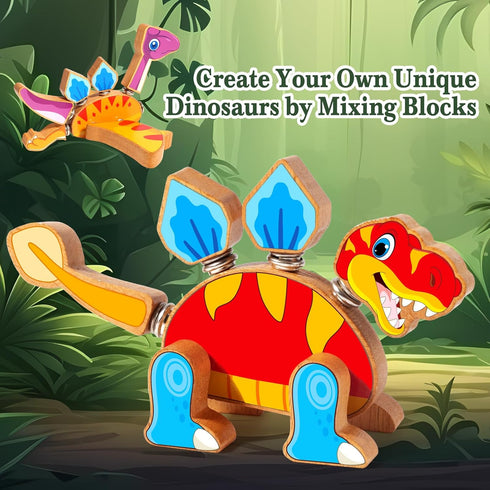 HUZU 3-5, 5-8, Dinosaur Building Blocks, Wooden Dino Snap Blocks, Snap Dinosaur Toys for Kids Fine Motor Skills STEM