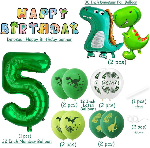 Dinosaur 5th Birthday Decorations, Large Foil Balloons, Happy Birthday Banner, Number 5 Balloon, Baby Shower