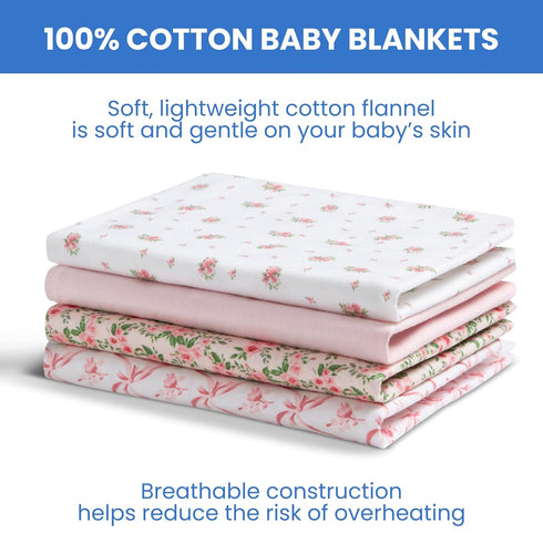 100% 30x30 Inches (Pack 4), Delta Children Cotton Flannel Baby Receiving Blankets for Girls and Boys of Pink Floral