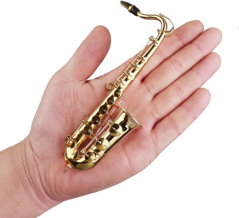 Dselvgvu 6.22"x3.07"x1.12") Miniature Saxophone with Stand and Case Brass Mini Musical Instrument Replica Collectible