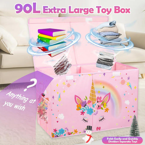 Large Toy Box Chest - Collapsible Sturdy Organizer for Kids, 25"x13"x16" Pink Toy Storage Bins with Lids