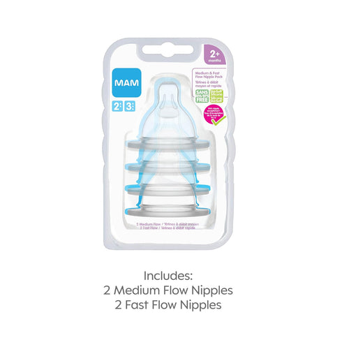 MAM 4 Pack Anti-Colic Baby Bottles, Slow Flow Nipples, with Medium & Fast Flow Nipple for Newborns & Older