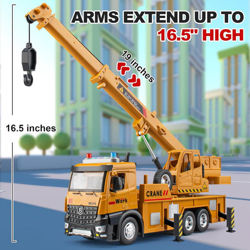 TAKGUD 13.5" Crane Toy for Boys, Large Crane Truck with Lights and Sounds, Open-able Doors, Friction Powered