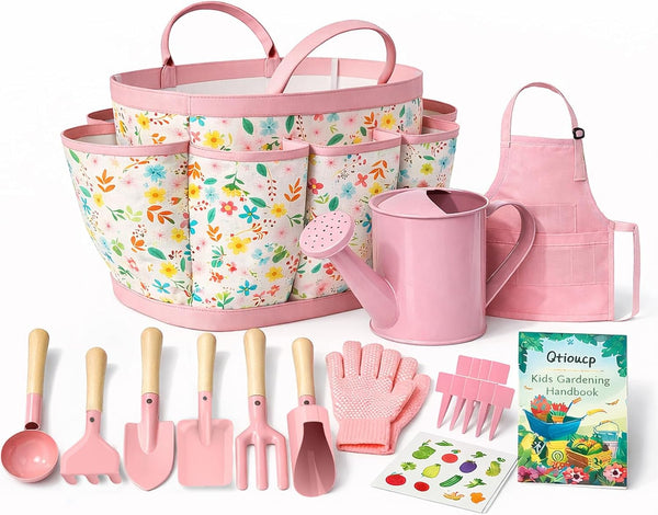 Qtioucp Kids Gardening Set 14Pcs Garden Tools with Tote Bag,Watering Can, Shovel,