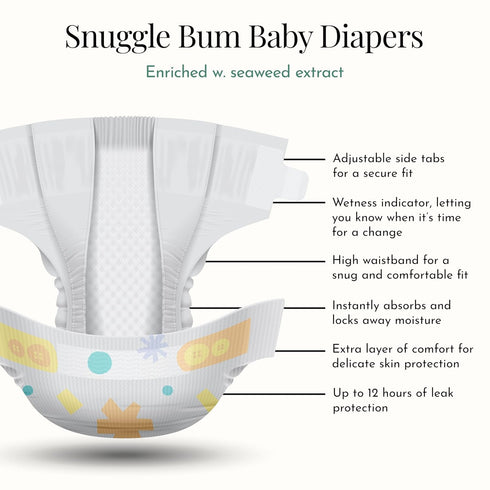 1, 216 Count, (6.6 lbs 13 lbs), Evolur Snuggle Bum Baby Diapers - Size for Newborns - Ulta Absorbent Diapers Newborn