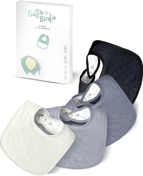 Cutie Birdie Muslin Baby Bibs for Unisex Girls & Boys- 4-Pack 100% Cotton Baby