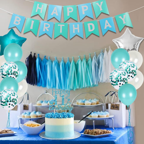 Happy 11th Birthday Decorations for Girls Teal - Teal Fringe Curtain, Turquoise Banner, Number 11 Foil Balloon, Cake