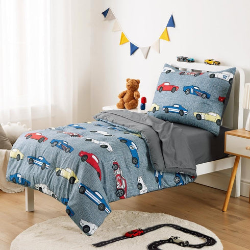 Set 4 Set Wake In Cloud - Race Car Toddler Bedding for Boys, Cute Colorful Sports Car Supercar Wheels, Pieces Soft Crib