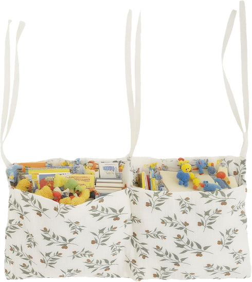 FALESOUL Cotton Baby Bedside Hanging Storage Bag, 2-Pockets Baby Crib Side Organizer Crib