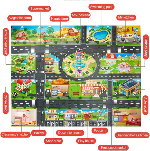 Plastic Toy Rug, Self Cleaning Oil Free Cloth,Washable for Floor Or Table,Kids Carpet PVC City Life,Educational Road