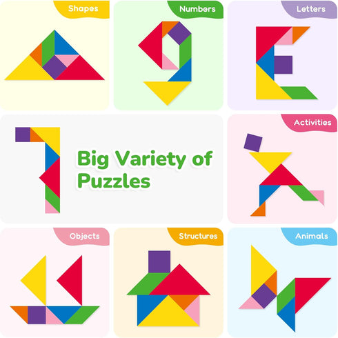 BenBen Travel Tangram Puzzle with Magnetic Wooden Shapes, Extra Large Dual-Sided Magnet Surface, Color Pattern IQ Book