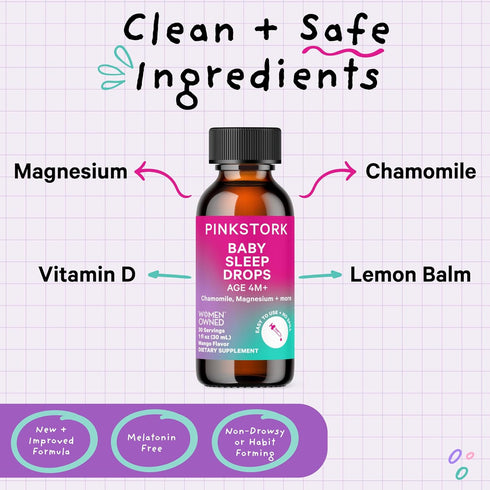 Pink Stork Baby Sleep Drops, 1 oz - Naturally Support Sleep for Infants, Toddlers, and Kids with Chamomile and Magnesium
