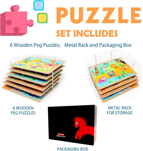 WOOD CITY Toddler Puzzles and Rack Set, Wooden Peg Puzzles Bundle with Storage Holder for Kids Age 2-4
