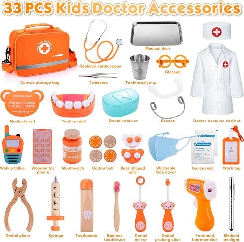 Set, 3-5 Playset 3 4 Kids Dentist Play Wooden Doctor Kit for Toddlers with Real Stethoscope, Removable Teeth, Braces