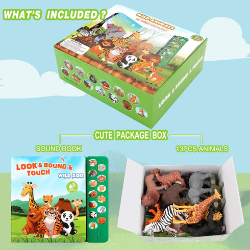 Tudoccy 13 3 Safari Animals Figures Toys - Realistic Wild Plastic Animal Figurines & Kids Sound Book - Educational