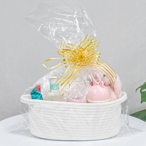 ABenkle Cute Small Woven Basket with Handles, 12"x8"x5" Rope Storage Basket for Cat and Dog Toys, White